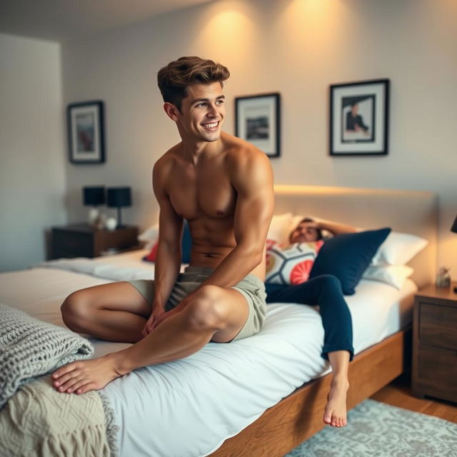 A shirtless young man sitting on the edge of a bed in a cozy, well-decorated bedroom, with soft lighting casting a warm glow