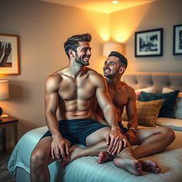 A shirtless young man sitting on the edge of a bed in a cozy, well-decorated bedroom, with soft lighting casting a warm glow