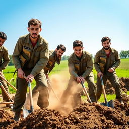 A group of young Iranian Basij members working outdoors, using shovels and pickaxes