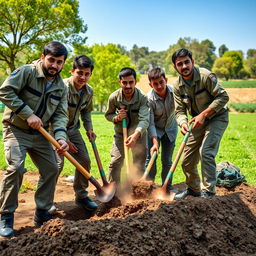 A group of young Iranian Basij members working outdoors, using shovels and pickaxes
