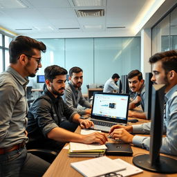 A group of young Iranian Basij members working together at computers in a modern office setting