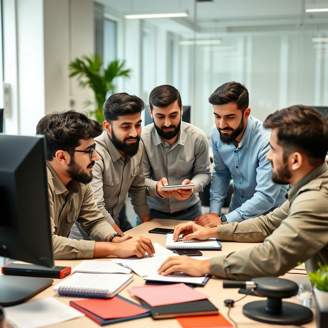 A group of young Iranian Basij members working together at computers in a modern office setting