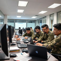 A group of young Iranian Basij members working together at computers in a modern office setting