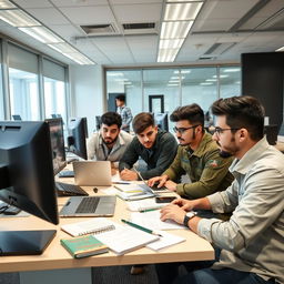 A group of young Iranian Basij members working together at computers in a modern office setting