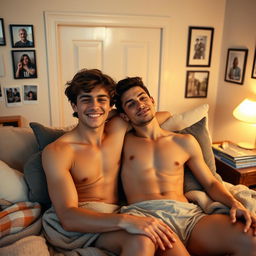 A shirtless young man and his friend lounging comfortably in a cozy bedroom, engaging in playful cuddling