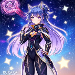 A vibrant and dynamic illustration of Ruan Mai from Honkai: Star Rail, showcasing her futuristic attire with intricate patterns and glowing accents