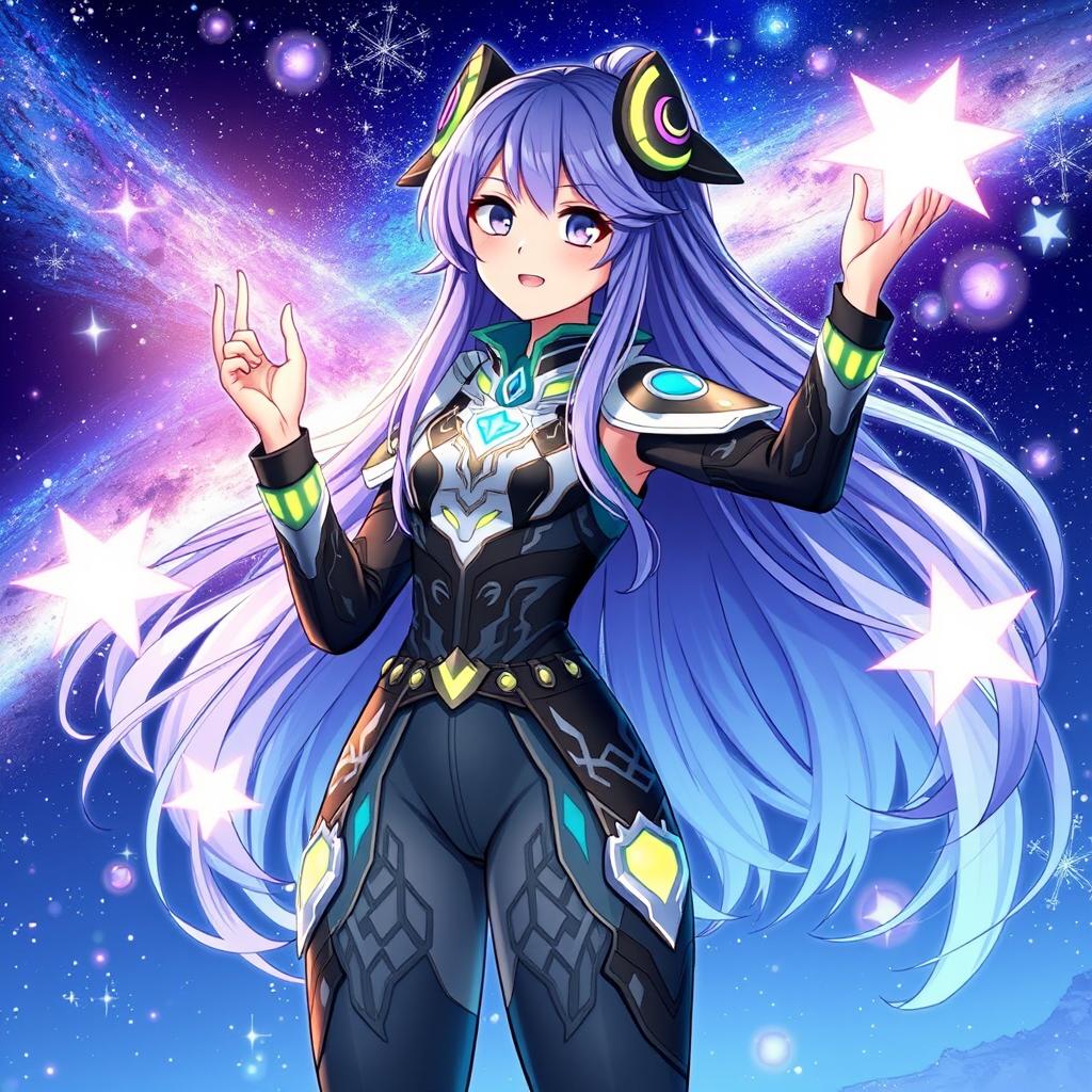 A vibrant and dynamic illustration of Ruan Mai from Honkai: Star Rail, showcasing her futuristic attire with intricate patterns and glowing accents