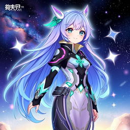 A vibrant and dynamic illustration of Ruan Mai from Honkai: Star Rail, showcasing her futuristic attire with intricate patterns and glowing accents