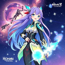 A vibrant and dynamic illustration of Ruan Mai from Honkai: Star Rail, showcasing her futuristic attire with intricate patterns and glowing accents
