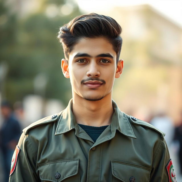 A portrait of a young Iranian Basij member standing confidently