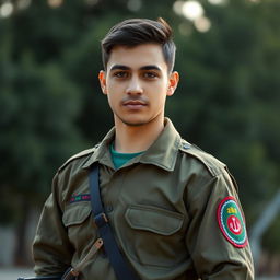 A portrait of a young Iranian Basij member standing confidently