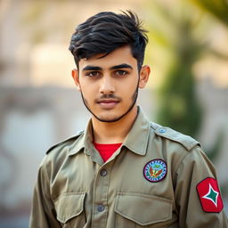 A portrait of a young Iranian Basij member standing confidently