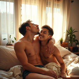 A shirtless young man leaning in to kiss his close friend in a cozy, warmly-lit bedroom