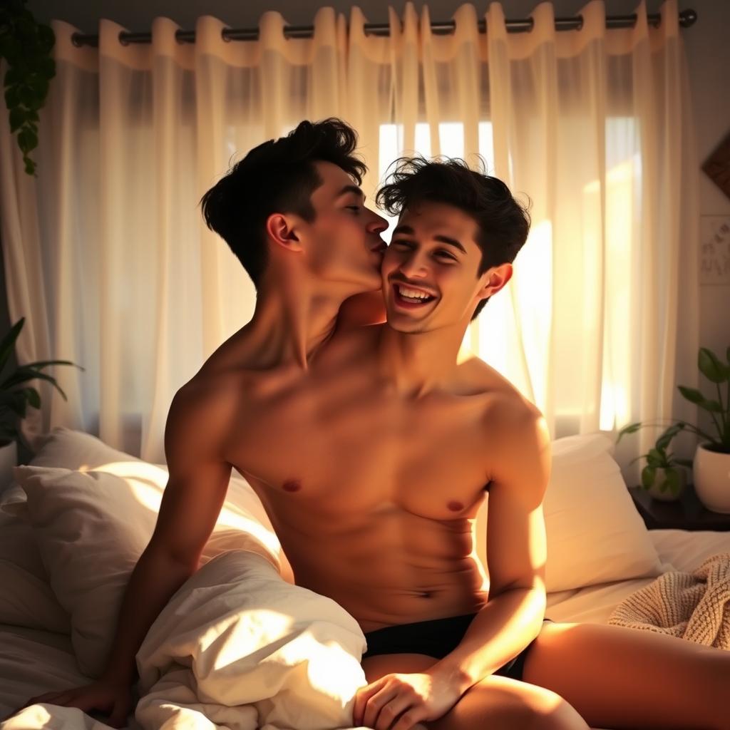 A shirtless young man leaning in to kiss his close friend in a cozy, warmly-lit bedroom