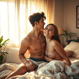 A shirtless young man leaning in to kiss his close friend in a cozy, warmly-lit bedroom
