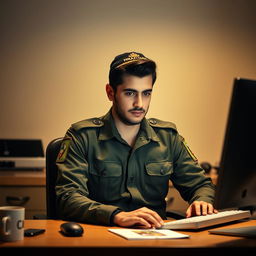 A young Iranian Basij member sitting at a desk, deeply focused on working with a computer