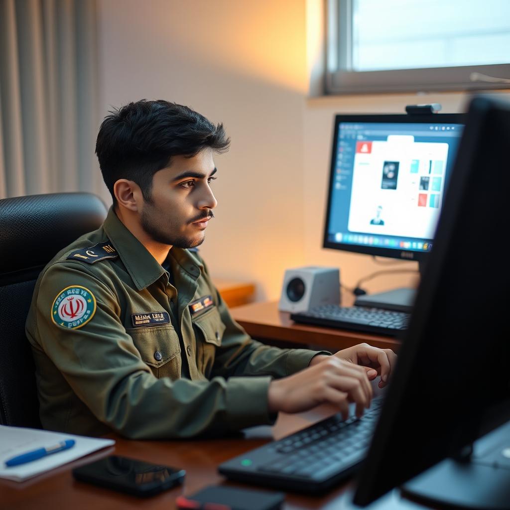 A young Iranian Basij member sitting at a desk, deeply focused on working with a computer