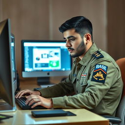 A young Iranian Basij member sitting at a desk, deeply focused on working with a computer
