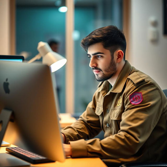 A young Iranian Basij member sitting at a desk, deeply focused on working with a computer