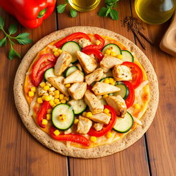 A delicious and colorful vegetable and chicken pizza on a brown rice crust