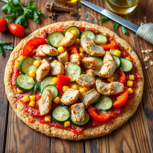 A delicious and colorful vegetable and chicken pizza on a brown rice crust