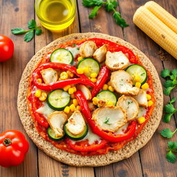 A delicious and colorful vegetable and chicken pizza on a brown rice crust