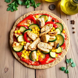 A delicious and colorful vegetable and chicken pizza on a brown rice crust