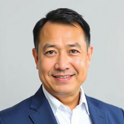 A professional passport size photo featuring a middle-aged man with short black hair and brown eyes, wearing a formal blue suit and a white shirt, smiling slightly against a neutral light gray background