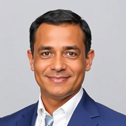 A professional passport size photo featuring a middle-aged man with short black hair and brown eyes, wearing a formal blue suit and a white shirt, smiling slightly against a neutral light gray background