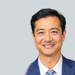 A professional passport size photo featuring a middle-aged man with short black hair and brown eyes, wearing a formal blue suit and a white shirt, smiling slightly against a neutral light gray background