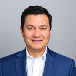 A professional passport size photo featuring a middle-aged man with short black hair and brown eyes, wearing a formal blue suit and a white shirt, smiling slightly against a neutral light gray background