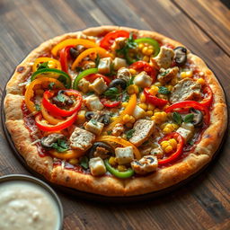 A delicious pizza topped with sliced colorful bell peppers, mushrooms, corn, and chunks of chicken, all on a brown rice dough base