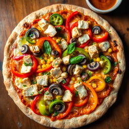 A delicious pizza topped with sliced colorful bell peppers, mushrooms, corn, and chunks of chicken, all on a brown rice dough base