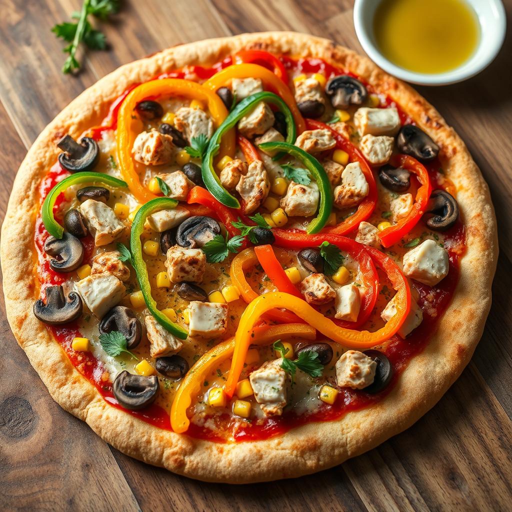 A delicious pizza topped with sliced colorful bell peppers, mushrooms, corn, and chunks of chicken, all on a brown rice dough base