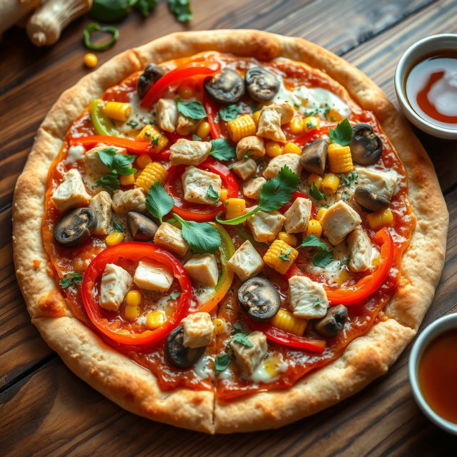 A delicious pizza topped with sliced colorful bell peppers, mushrooms, corn, and chunks of chicken, all on a brown rice dough base