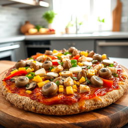 A delicious pizza topped with mushrooms, colorful bell peppers, corn, chicken pieces, and mozzarella cheese, all on a brown rice crust