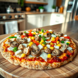 A delicious pizza topped with mushrooms, colorful bell peppers, corn, chicken pieces, and mozzarella cheese, all on a brown rice crust