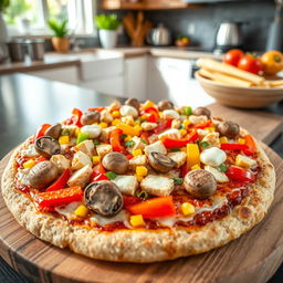 A delicious pizza topped with mushrooms, colorful bell peppers, corn, chicken pieces, and mozzarella cheese, all on a brown rice crust