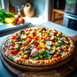 A delicious pizza topped with mushrooms, colorful bell peppers, corn, chicken pieces, and mozzarella cheese, all on a brown rice crust