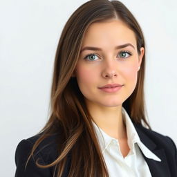 A professional passport size photo featuring a young woman with long brown hair and green eyes, wearing a white blouse and a black blazer, with a neutral expression against a soft white background