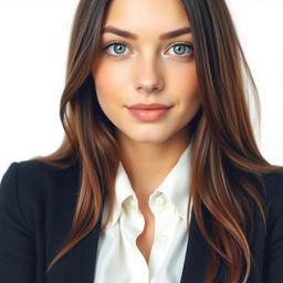 A professional passport size photo featuring a young woman with long brown hair and green eyes, wearing a white blouse and a black blazer, with a neutral expression against a soft white background