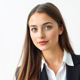 A professional passport size photo featuring a young woman with long brown hair and green eyes, wearing a white blouse and a black blazer, with a neutral expression against a soft white background