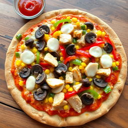 A delicious pizza topped with sliced mushrooms, colorful bell peppers, sweet corn, chunks of chicken, and melted mozzarella cheese, all on a crust made of brown rice dough