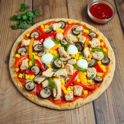 A delicious pizza topped with sliced mushrooms, colorful bell peppers, sweet corn, chunks of chicken, and melted mozzarella cheese, all on a crust made of brown rice dough