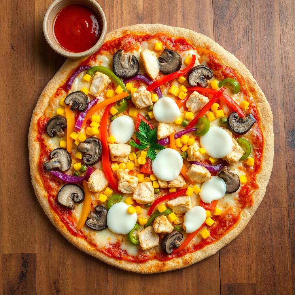 A delicious pizza topped with sliced mushrooms, colorful bell peppers, sweet corn, chunks of chicken, and melted mozzarella cheese, all on a crust made of brown rice dough