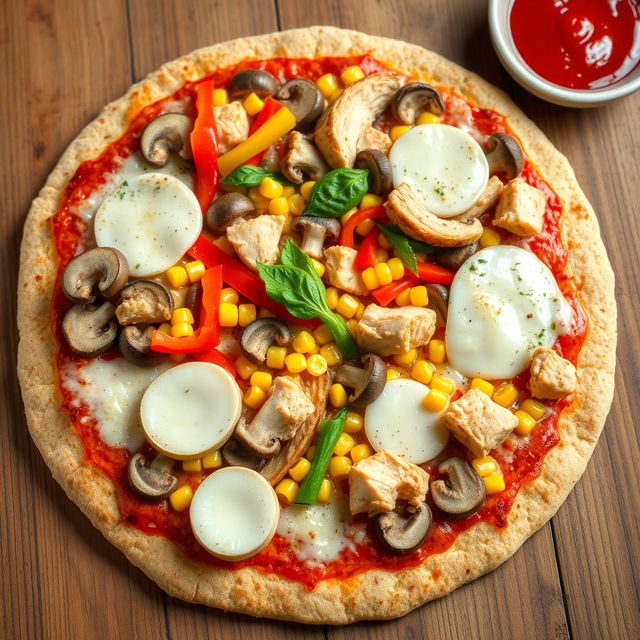 A delicious pizza topped with sliced mushrooms, colorful bell peppers, sweet corn, chunks of chicken, and melted mozzarella cheese, all on a crust made of brown rice dough