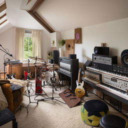 An eclectic home music studio, blending seamlessly into a comfortable, modern bedroom. The room is filled with musical instruments, recording equipment, and cozy bedroom furnishings.