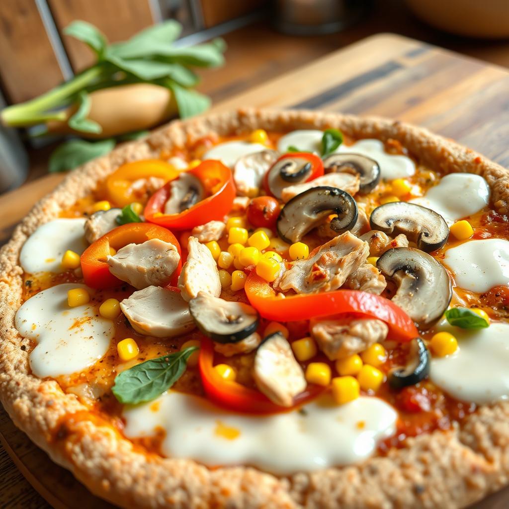 A delicious pizza made with a golden-brown brown rice crust, topped with melting mozzarella cheese