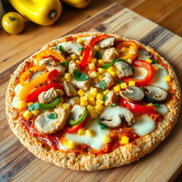 A delicious pizza made with a golden-brown brown rice crust, topped with melting mozzarella cheese