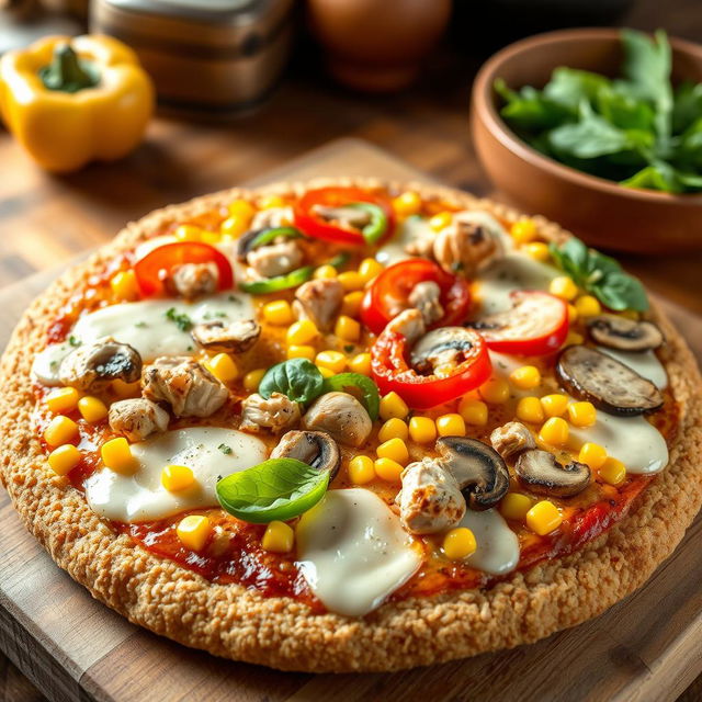 A delicious pizza made with a golden-brown brown rice crust, topped with melting mozzarella cheese